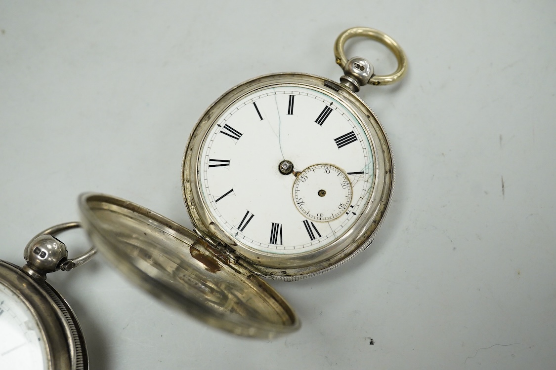 Seven assorted mainly early 20th century silver open faced pocket watches including Kendall & Dent, case diameter 51mm and Waltham, together with a late Victorian silver hunter pocket watch(a.f.).